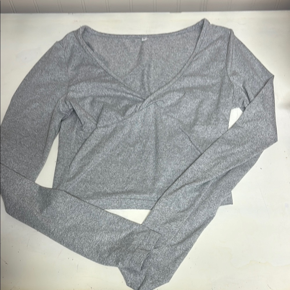 Gray V-Neck Long Sleeve Women's Top